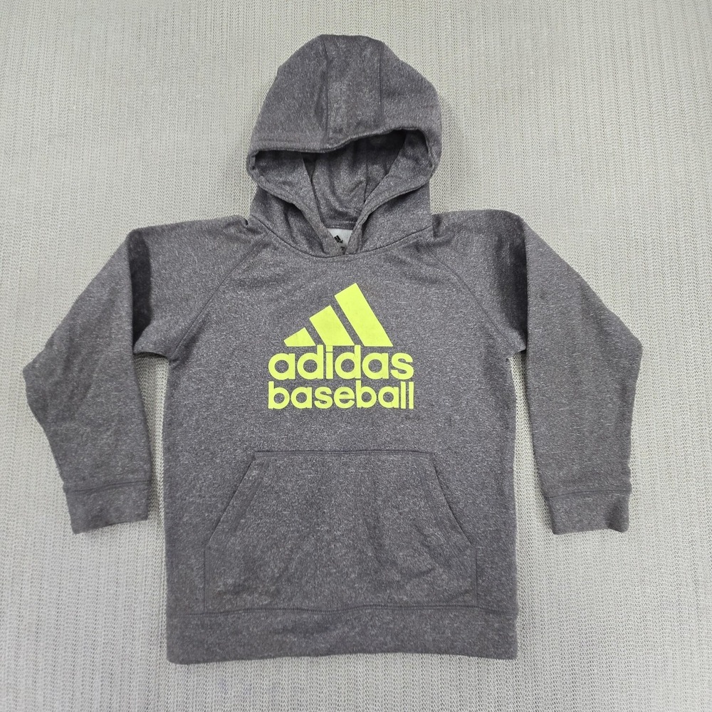 Adidas Hoodie Youth Small Gray Baseball Logo Graphic Fleece Pullover Sweatshirt